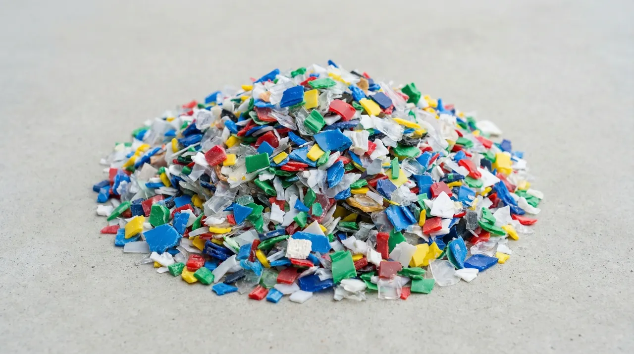 Mixed plastic waste flakes sorted by density in water tank